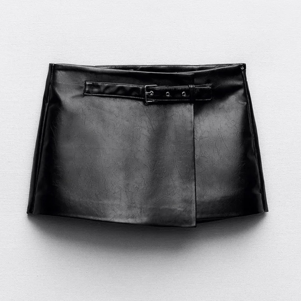 Zara Black Faux Leather Skort with Belt Detail